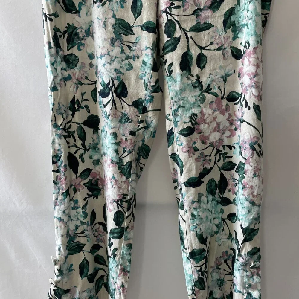 J. Jill Womens Ivory Mid Rise Floral Linen Stretch Button Hem Ankle Pant Size M
